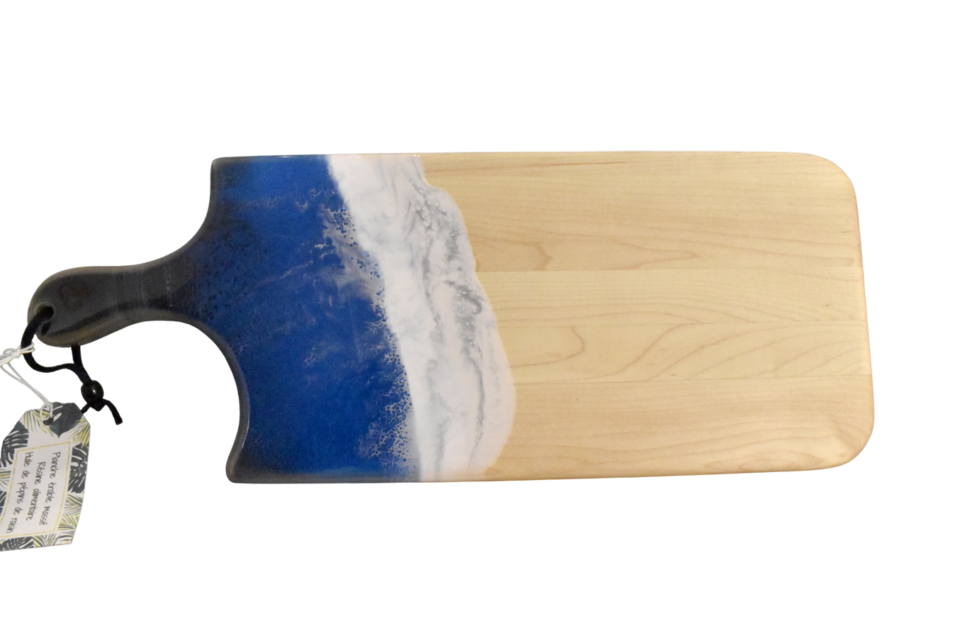 Planche à découper, petite, no 27, Bleu royal / noir et blanc, de l'artiste Julie Marcotte, Matériaux, Érable, résine alimentaire et huile de pépin de raisin, dimension : 3/4 x 7 x 18 pouces