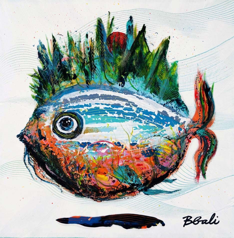 Poisson camping sauvage, de l'artiste BBrigitte Galipeau - BGALI, Tableau, Acrylique, encre et collage d'acrylique sur toile galerie, Dimension : 12 x 12 pouces de largeur