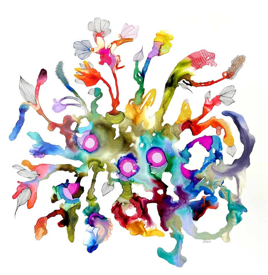Porte ta lumière, de l'artiste Nancy Létourneau, Tableau, Médium encre à l'alcool sur papier Nara, Marouflé sur panneau de bois galerie, dimension 40 x 40 pouces de largeur, 