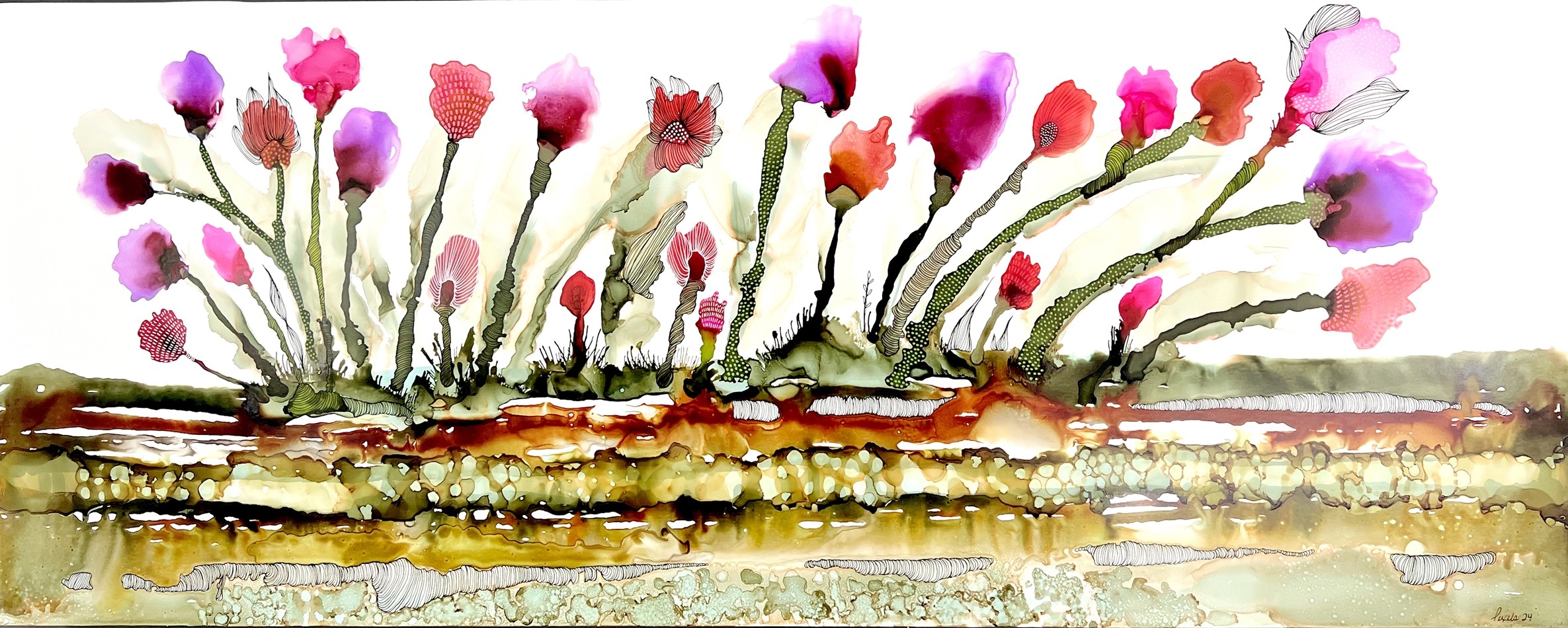 Prendre le temps de sentir le vent, de l'artiste Nancy Létourneau, Tableau, Médium encre à l'alcool sur papier Nara, Marouflé sur panneau de bois galerie, dimension 24 x 60 pouces de largeur, 