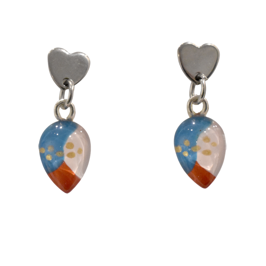 Boucles d'oreille, Puce tombante avec goutte, no 84, de l'artiste Azurine, Peintes à la main, Tiges en acier inoxydable, Matière première : verre, cuisson au four