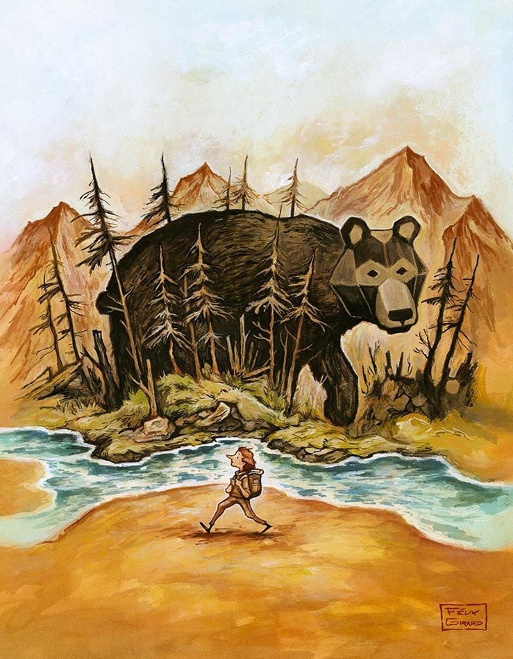 Qui a vu l'ours ?, de l'artiste Félix Girard, sur papier Epson « Enhanced Matte, impression avec de l’encre à pigment – qualité archive (ultra chrome), dimension : 18 x 14 pouces de largeur, affiche prête à être encadrée