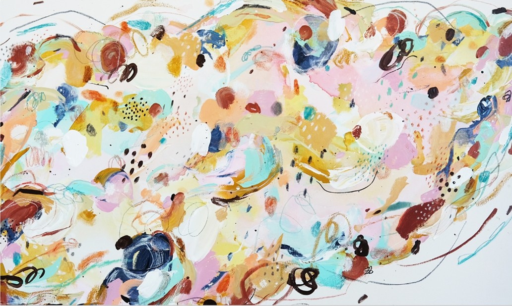 Rêve éveillé, Série ''Oasis'', de l'artiste Zoé Boivin, Tableau, Médiums mixtes sur toile, Création unique, dimension 24 x 40 pouces de largeur