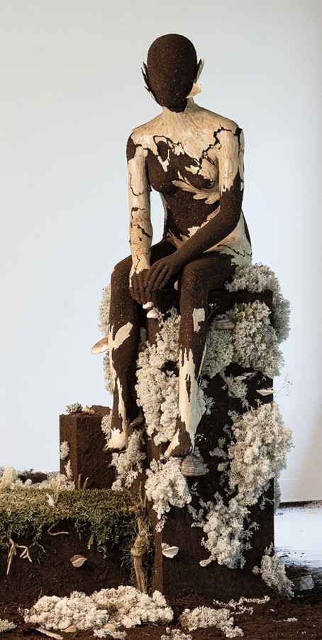 Sans titre (en mutation), de l'artiste Raphaëlle Bitar, Sculpture, Argile, plâtre, bois et végétaux divers, dimension : 72 x 30 x 30 pouces