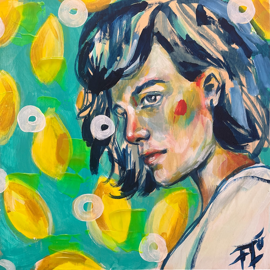 Sans titre (Bleu citron), de l'artiste Florence Lemay, Tableau, Acrylique sur bois, Création unique, dimension : 12 x 12 po de largeur