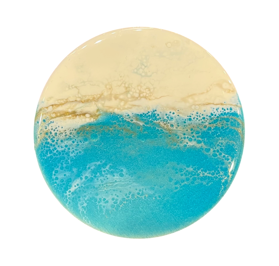 Sous-verre, bleu JOUR, de l'artiste Julie Marcotte, Matériaux, Bouleau, résine alimentaire, dimension : rond, diamètre 10 cm ou 3.9 po, diamètre