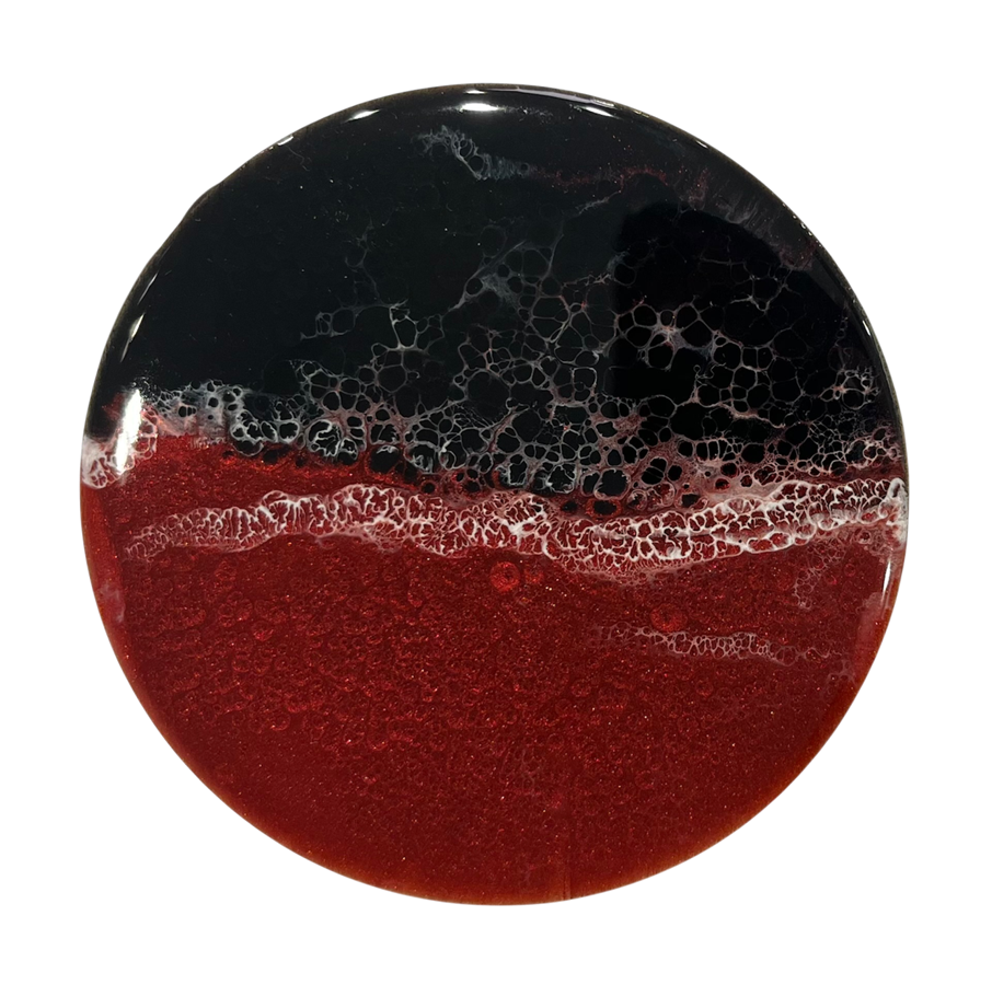 Sous-verre, ROUGE, de l'artiste Julie Marcotte, Matériaux, Bouleau, résine alimentaire, dimension : rond, diamètre 10 cm ou 3.9 po, diamètre