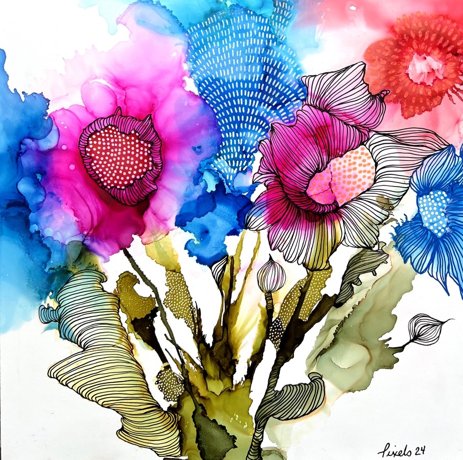 Sous le vent (t.encadré), de l'artiste Nancy Létourneau, Tableau, Médium encre à l'alcool, Marouflé sur bois, dimension 12 x 12 pouces de largeur, 