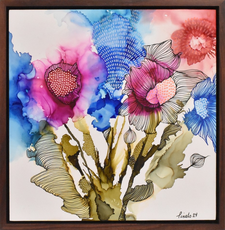 Sous le vent (t.encadré), de l'artiste Nancy Létourneau, Tableau, Médium encre à l'alcool, Marouflé sur bois, dimension 12 x 12 pouces de largeur, vue en galerie