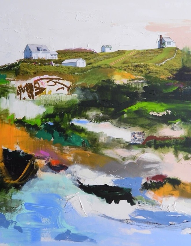 Souvenir de Gaspé, de l'artiste Stéphanie Viens, Technique : Acrylique et collage sur toile, Création unique, Format de l'oeuvre : 36 x 30 pouces de largeur
