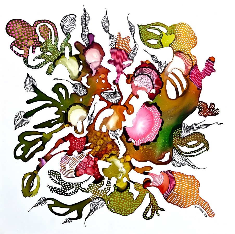 Souviens-toi, de l'artiste Nancy Létourneau, Tableau, Médium encre à l'alcool, Marouflé sur bois, dimension 16 x 16 pouces de largeur, 