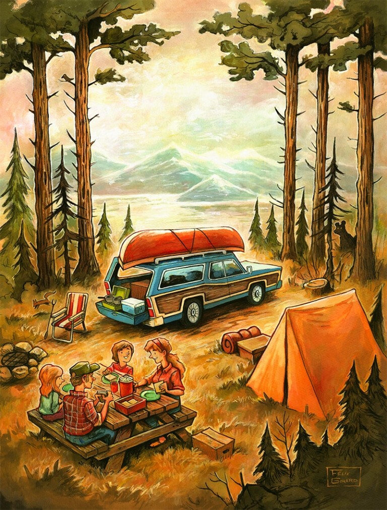 Carte de souhaits 7x5, Station wagon, de l'artiste Félix Girard, dimension : 7 x 5 pouces largeur, sans texte, avec enveloppe, Vous pouvez inscrire votre message à l'intérieur, Carte vendue à l'unité