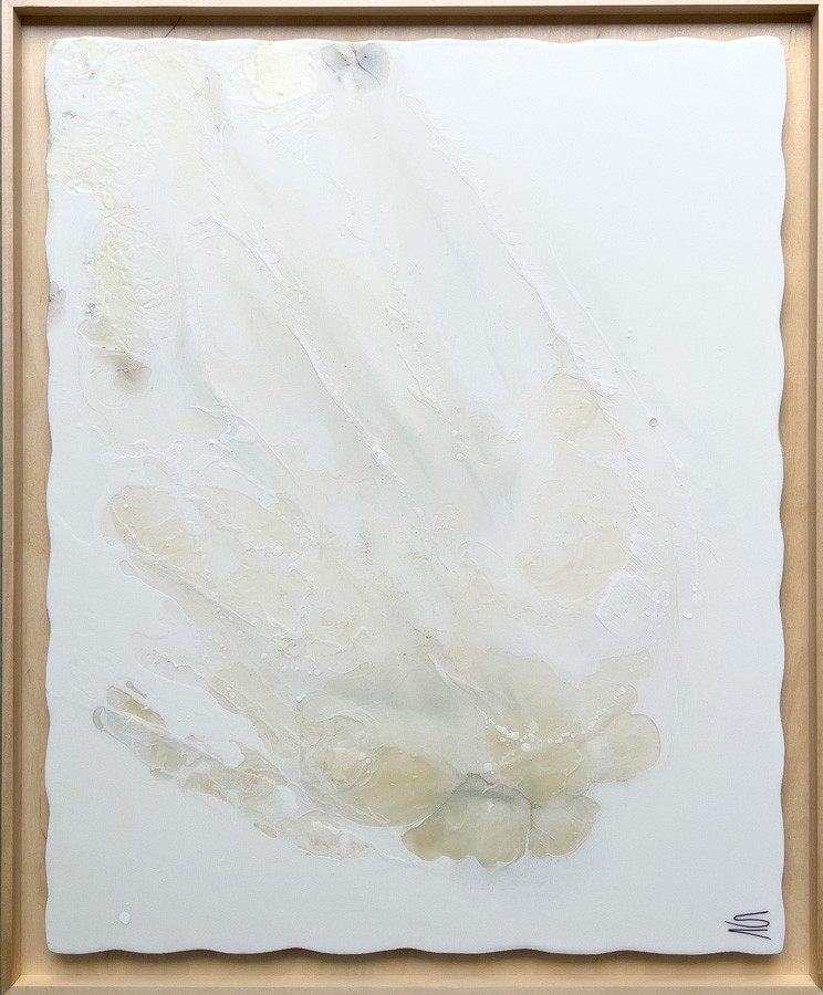 Préhnite (t.encadré), de l'artiste Stéphanie Vallières, Mediums mixtes sur panneau MDF et encadrement bois, Création unique, Format de l'oeuvre : 30 x 24 pouces de largeur
