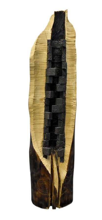 Structure interne, de l'artiste Bernard Hamel, Sculpture, bois et ciment, Création unique, dimension : 180 x 60 x 60 cm