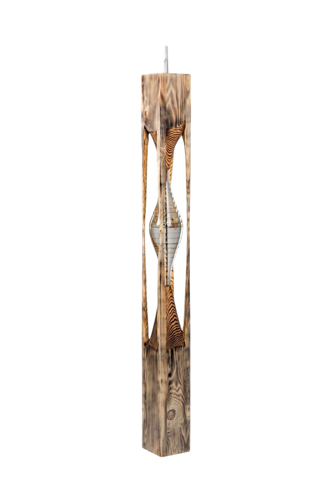 Sublimation, de l'artiste Bernard Hamel, Sculpture, Bois, plexiglas et phragmites, dimension : 6 x 6 x 60 po hauteur