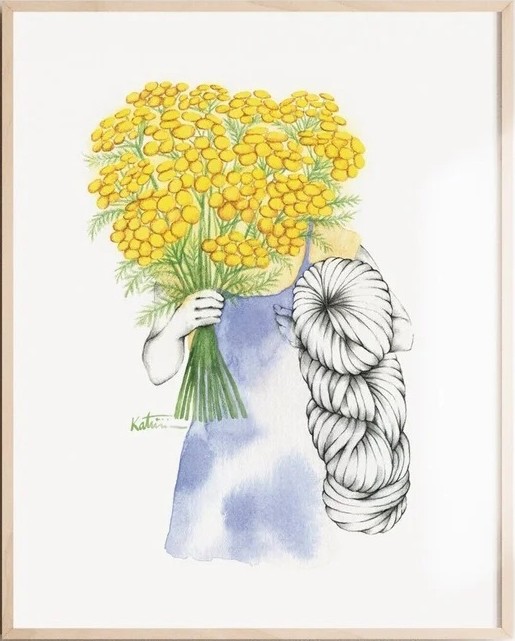 Affiche, -- Tanaisie, femme au bouquet --, de l'artiste Katrinn Pelletier, Illustration, aquarelle, crayons de couleur, ..., dimension : 16 x 12 de largeur