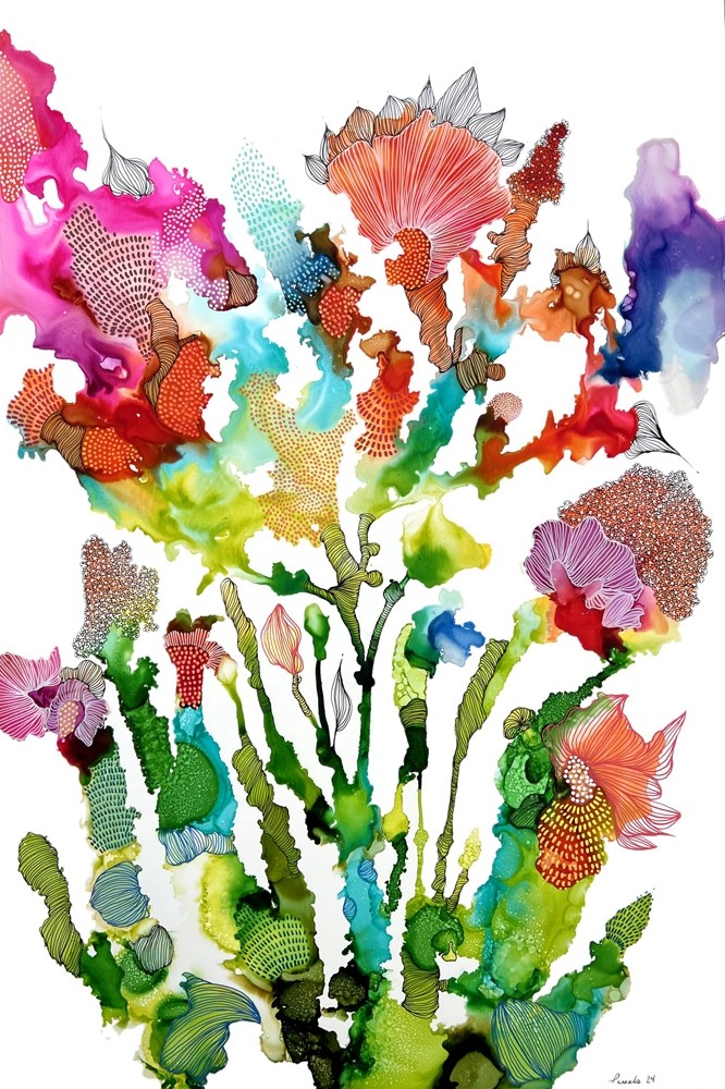 Tant que mon coeur y croira, de l'artiste Nancy Létourneau, Oeuvre sur papier Yupo, médium encre à l'alcool, marouflé sur panneau de bois galerie, dimension 36 x 24 pouces de largeur, 