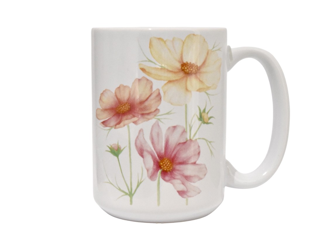 Tasse à café, -- Fleurs de cosmos --, de l'artiste Katrinn Pelletier, Illustration, impression sublimation, Faite au Québec, matériaux : céramique, Capacité : 15 onces