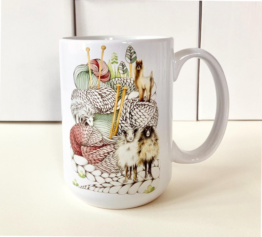 Tasse à café, -- Montagne de laine --, de l'artiste Katrinn Pelletier, Illustration, impression sublimation, Faite au Québec, matériaux : céramique, Capacité : 15 onces