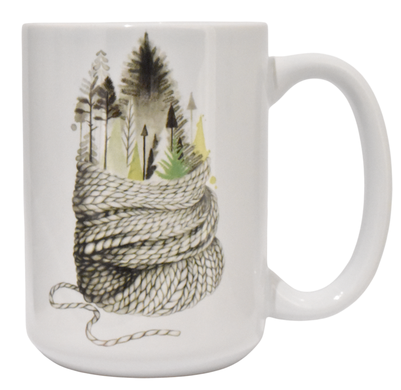 Tasse à café, -- Forêt laine --, de l'artiste Katrinn Pelletier, Illustration, impression sublimation, Faite au Québec, matériaux : céramique, Capacité : 15 onces