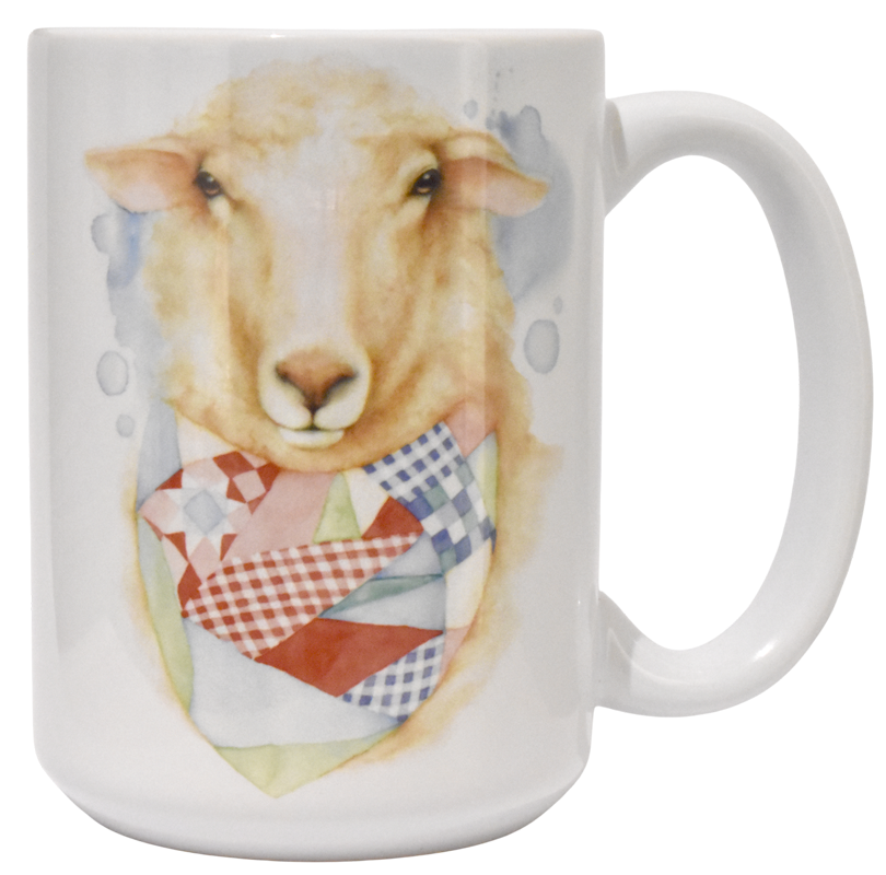 Tasse à café, -- Mouton au foulard --, de l'artiste Katrinn Pelletier, Illustration, impression sublimation, Faite au Québec, matériaux : céramique, Capacité : 15 onces