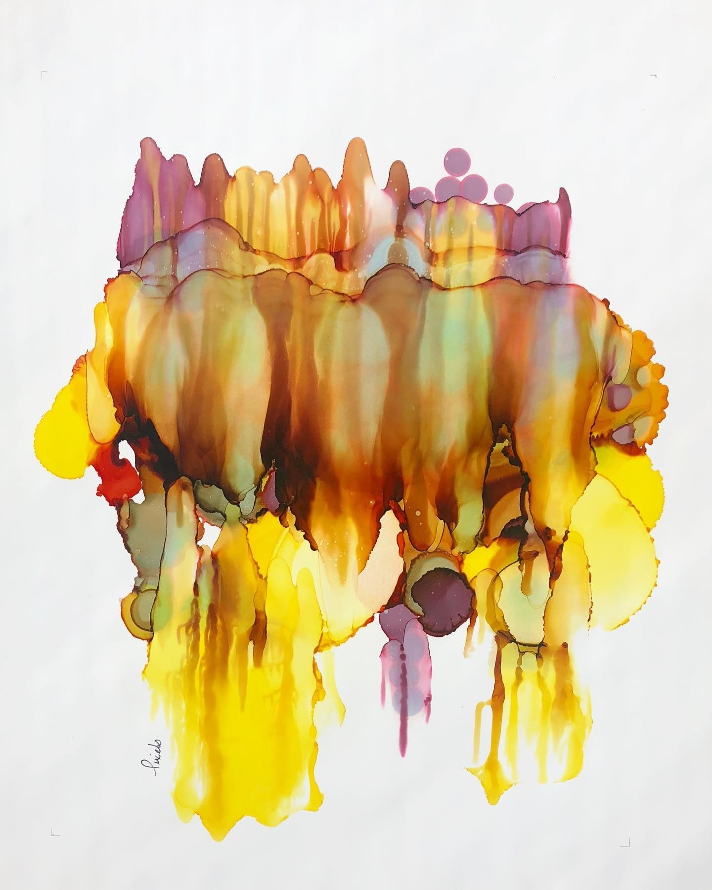 Terre inconnue (o.encadrée), de l'artiste Nancy Létourneau, Oeuvre sur papier Yupo, médium encre à l'alcool, Création unique, dimension 22 po x 18 po  de largeur