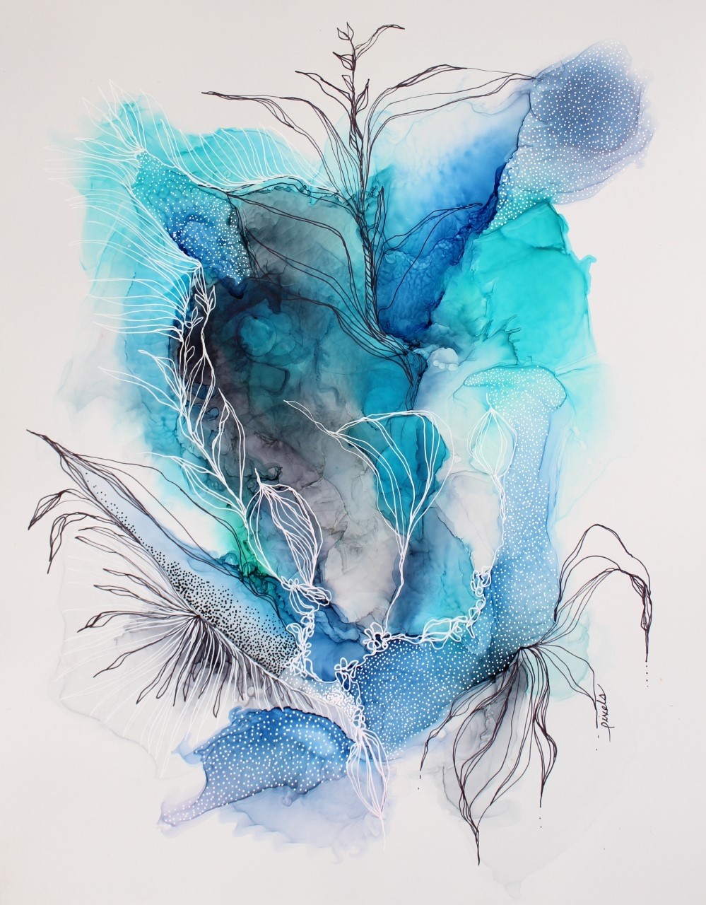 Changing winds, de l'artiste Nancy Létourneau, euvre sur papier Terraskin, médium encre à l'alcool et acrylique, Création unique, dimension 20 po x 16 po de largeur