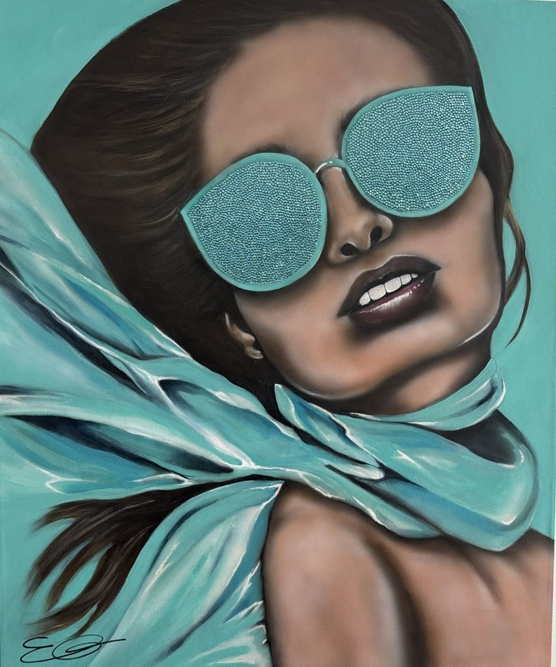 Tiffany in color, de l'artiste Émilie Gosselin, Mixtes sur canevas toile coton, Tableau accompagné de cristaux autrichiens, Dimension : 36 x 30 po de largeur