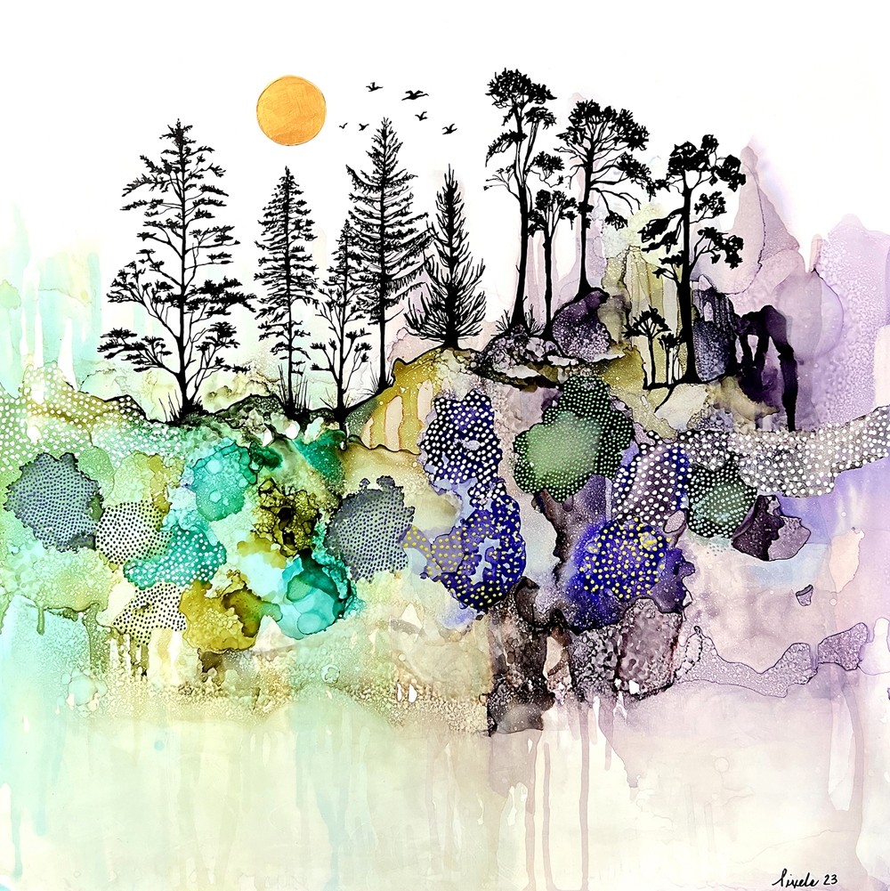 T'inquiète pas, ils reviendront, de l'artiste Nancy Létourneau, Oeuvre sur papier Yupo, médium encre à l'alcool, marouflé sur panneau de bois galerie, dimension 24 x 24 pouces de largeur, 