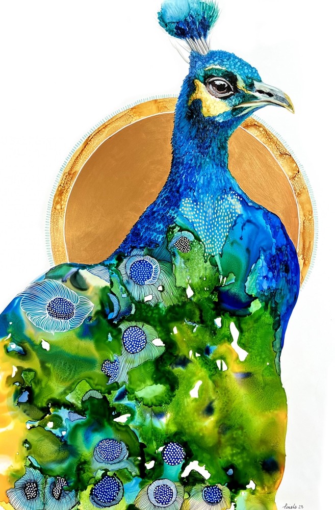 Ton coeur, ta tête, tes couleurs, de l'artiste Nancy Létourneau, Oeuvre sur papier Yupo, médium encre à l'alcool, marouflé sur panneau de bois galerie, dimension 36 x 24 pouces de largeur, 