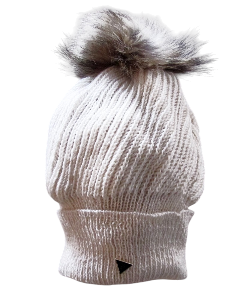 Tuque béret, no 44, de l'artiste Irèna Geerts, Création québécoise faite à la main. Modèle garni d'un pompon de fourrure recyclée et de laine alpaga à 100 %.