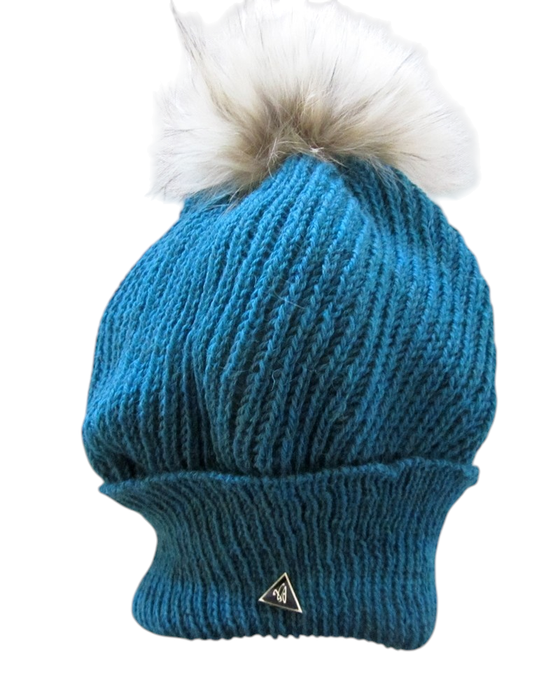 Tuque béret, no 46, de l'artiste Irèna Geerts, Création québécoise faite à la main. Modèle garni d'un pompon de fourrure recyclée et de laine alpaga à 100 %.