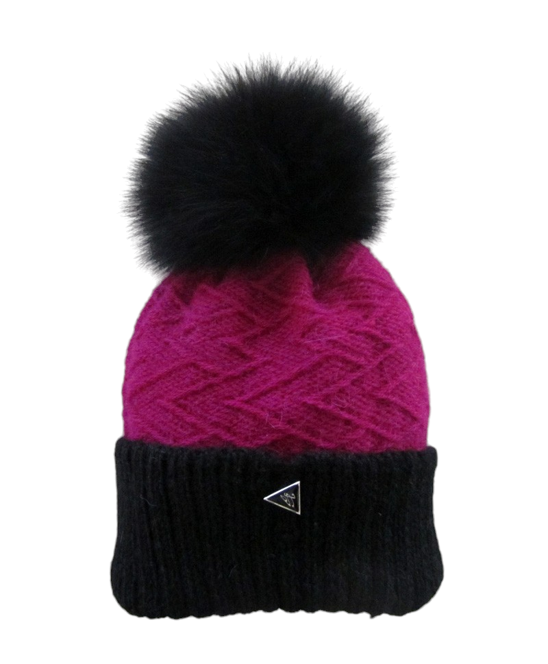 Tuque Dawson, no 15, de l'artiste Irèna Geerts, Création québécoise faite à la main. Modèle garni d'un pompon de fourrure recyclée et de laine alpaga à 100 %.