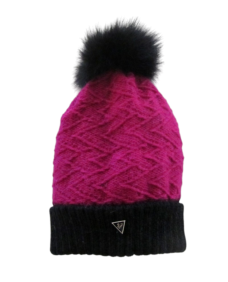 Tuque Dawson, no 30, de l'artiste Irèna Geerts, Création québécoise faite à la main. Modèle garni d'un pompon de fourrure recyclée et de laine alpaga à 100 %.