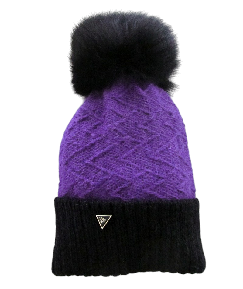 Tuque Dawson, no 31, de l'artiste Irèna Geerts, Création québécoise faite à la main. Modèle garni d'un pompon de fourrure recyclée et de laine alpaga à 100 %.