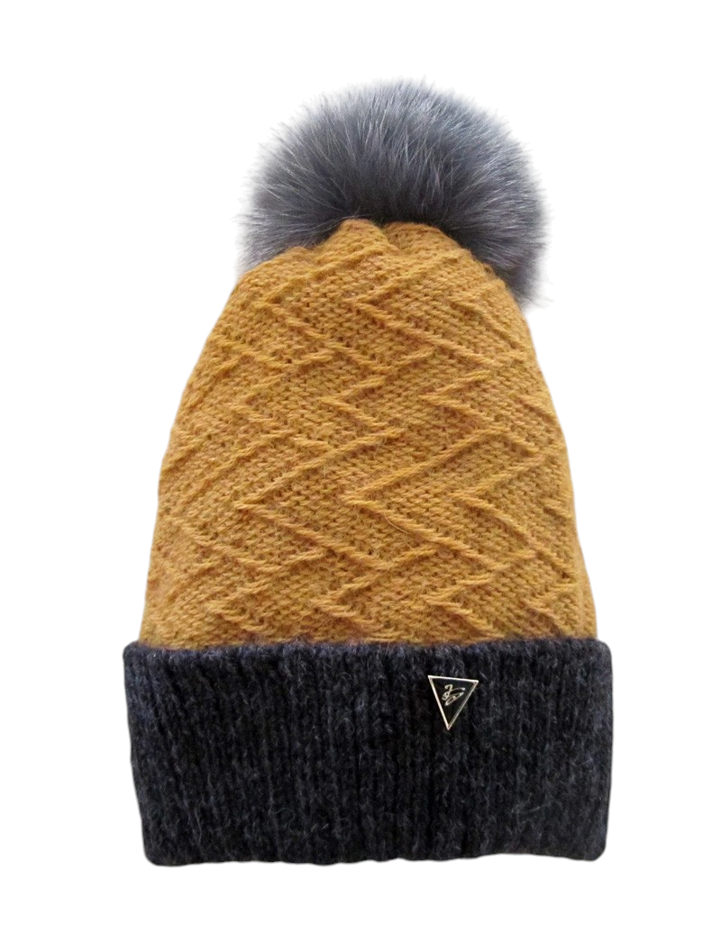 Tuque Dawson, no 33, de l'artiste Irèna Geerts, Création québécoise faite à la main. Modèle garni d'un pompon de fourrure recyclée et de laine alpaga à 100 %.