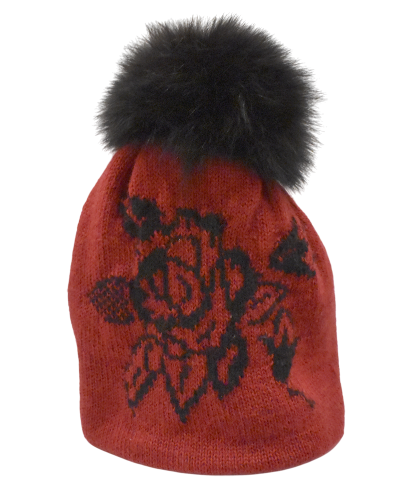Tuque Églantine à pompon amovible, no 48, alpaga/fourrure, de Irèna Geerts, Création québécoise faite à la main. Chaque modèle est unique et garni d'une finition de fourrure recyclée et de laine alpaga à 100 %