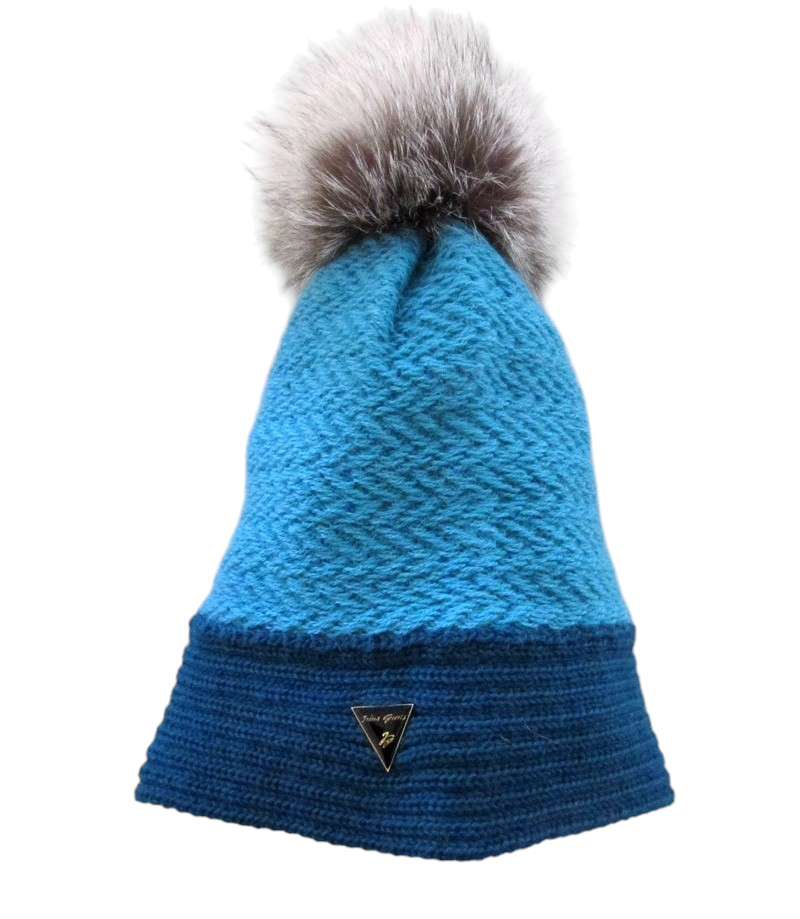 Tuque tissée, no 11, de l'artiste Irèna Geerts, Création québécoise faite à la main. Modèle garni d'un pompon de fourrure recyclée et de laine alpaga à 100 % %