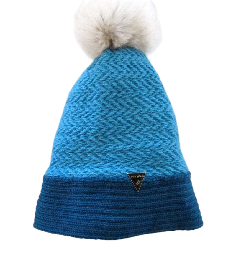 Tuque tissée, no 12, de l'artiste Irèna Geerts, Création québécoise faite à la main. Modèle garni d'un pompon de fourrure recyclée et de laine alpaga à 100 % %