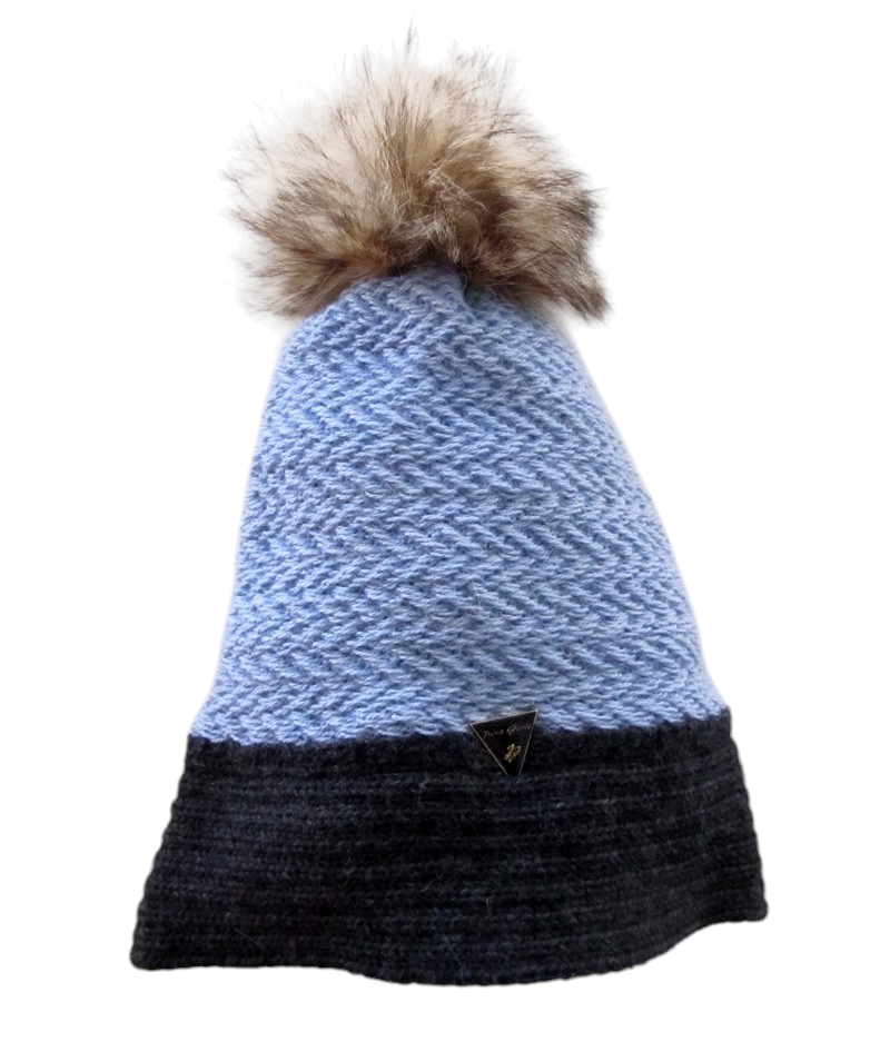 Tuque tissée, no 5, de l'artiste Irèna Geerts, Création québécoise faite à la main. Modèle garni d'un pompon de fourrure recyclée et de laine alpaga à 100 % %