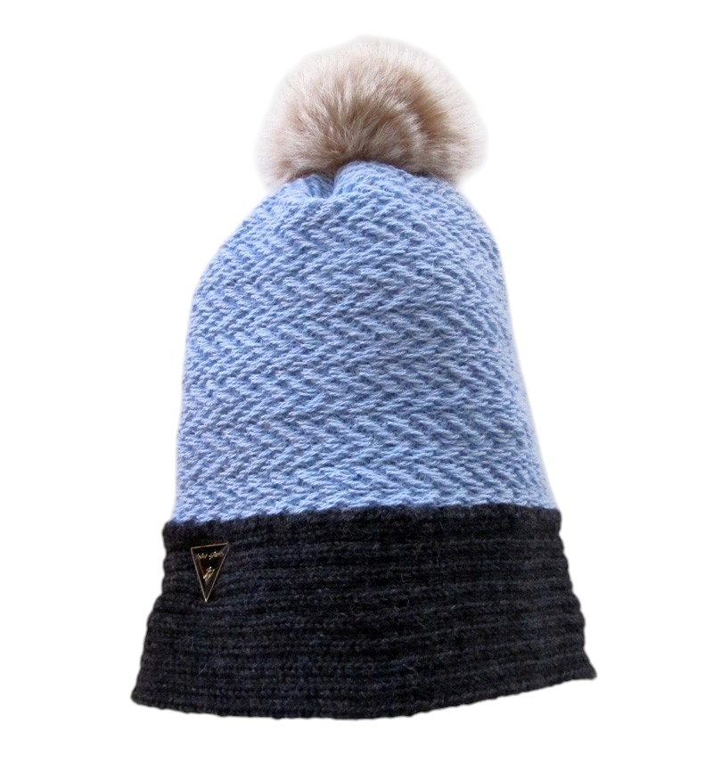 Tuque tissée, no 6, de l'artiste Irèna Geerts, Création québécoise faite à la main. Modèle garni d'un pompon de fourrure recyclée et de laine alpaga à 100 % %, vue A
