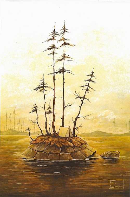 Turtle Island, affiche, de l'artiste Félix Girard, sur papier Epson « Enhanced Matte, impression avec de l’encre à pigment – qualité archive (ultra chrome), dimension : 24 x 18 pouces de largeur, affiche prête à être encadrée