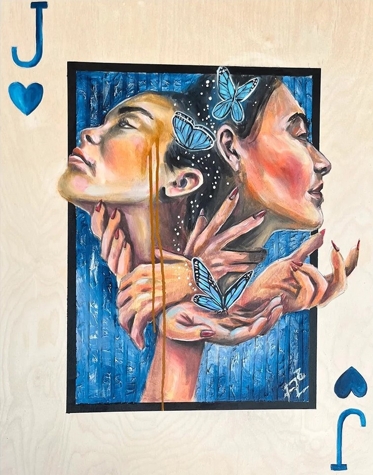 Valet de coeur, de l'artiste Florence Lemay, Tableau, Acrylique sur bois, Création unique, dimension : 30 x 24 po de largeur, vue 1