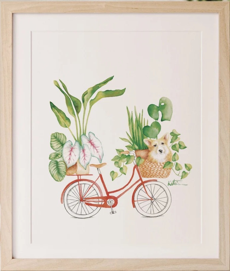 Affiche, -- Corgie Vélo --, de l'artiste Katrinn Pelletier, Illustration, aquarelle, crayons de couleur, ..., dimension : 16 x 12 de largeur