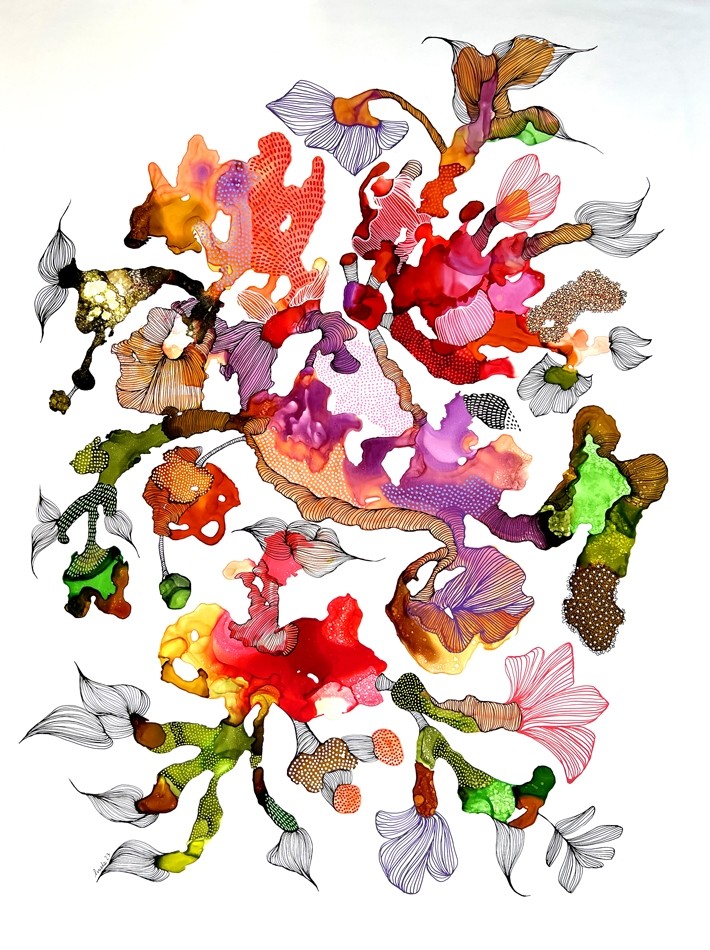 Vertige, de l'artiste Nancy Létourneau, Tableau, Médium encre à l'alcool sur papier Nara, Marouflé sur panneau de bois galerie, dimension 40 x 30 pouces de largeur, 