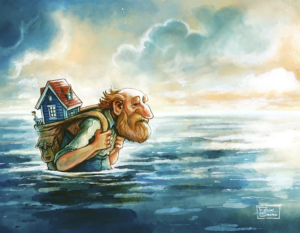 Carte de souhaits 7x5, Le village dans la mer, de l'artiste Félix Girard, dimension : 7 x 5 pouces largeur, sans texte, avec enveloppe, Vous pouvez inscrire votre message à l'intérieur, Carte vendue à l'unité