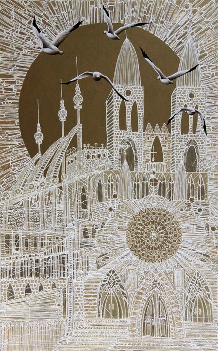 Voyage au temps des cathédrales (t.encadré), de l'artiste Elyse Turbide, Acrylique sur toile, Dimension : 48 po x 30 po de largeur