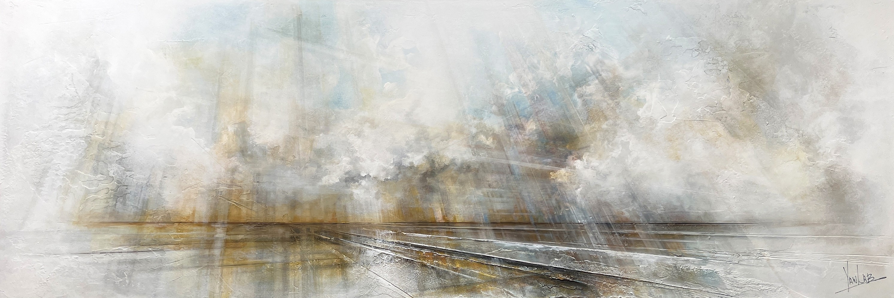 Aura, #0240, de l'artiste Yan Laboissonnière, Techniques mixtes sur bois, Création unique, Format de l'oeuvre : 20 x 60 pouces de largeur