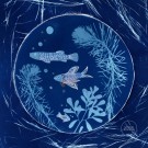 Fenêtre sur l'océan, de l'artiste Sophie Rozenn Boucher, Medium Cyanotype et aquarelle sur papier de coton, marouflé sur bois, Création unique, Format de l'oeuvre : 10 x 10 pouces de largeur
