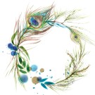 Carte de souhaits 5x5, -- Couronne, Plumes de paon --, de l'artiste Sophie Rozenn Boucher, dimension : 5 x 5 pouces largeur, sans texte, avec enveloppe  Vous pouvez inscrire votre message à l'intérieur.  Carte vendue à l'unité